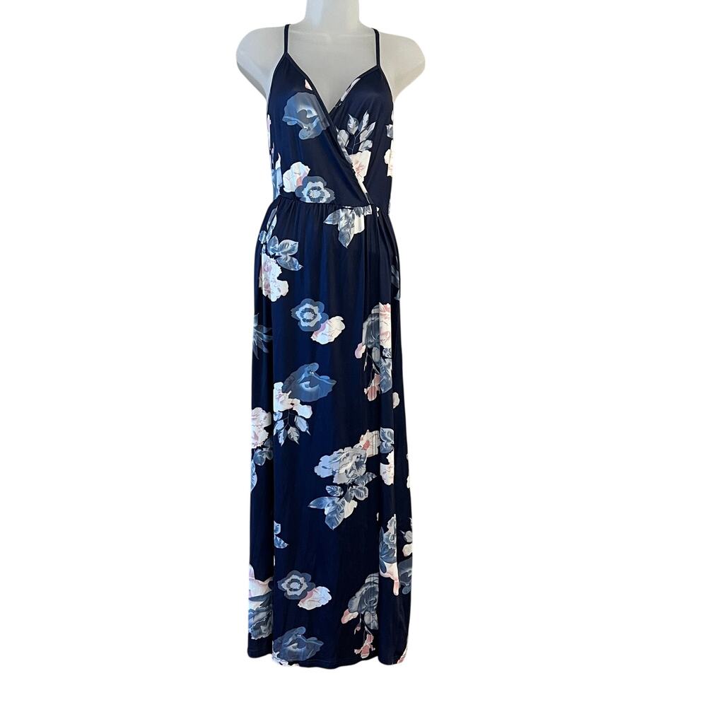 Navy Floral Maxi Dress Spaghetti Strap V-Neck Sleeveless Size Small NWT